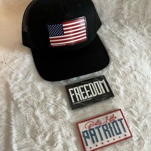 Velcro black baseball hat with 3 patriot pieces.
